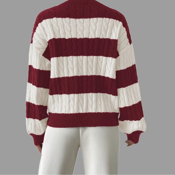 Red and White Striped Cable Knit V Neck Sweater - Picture 2 of 2